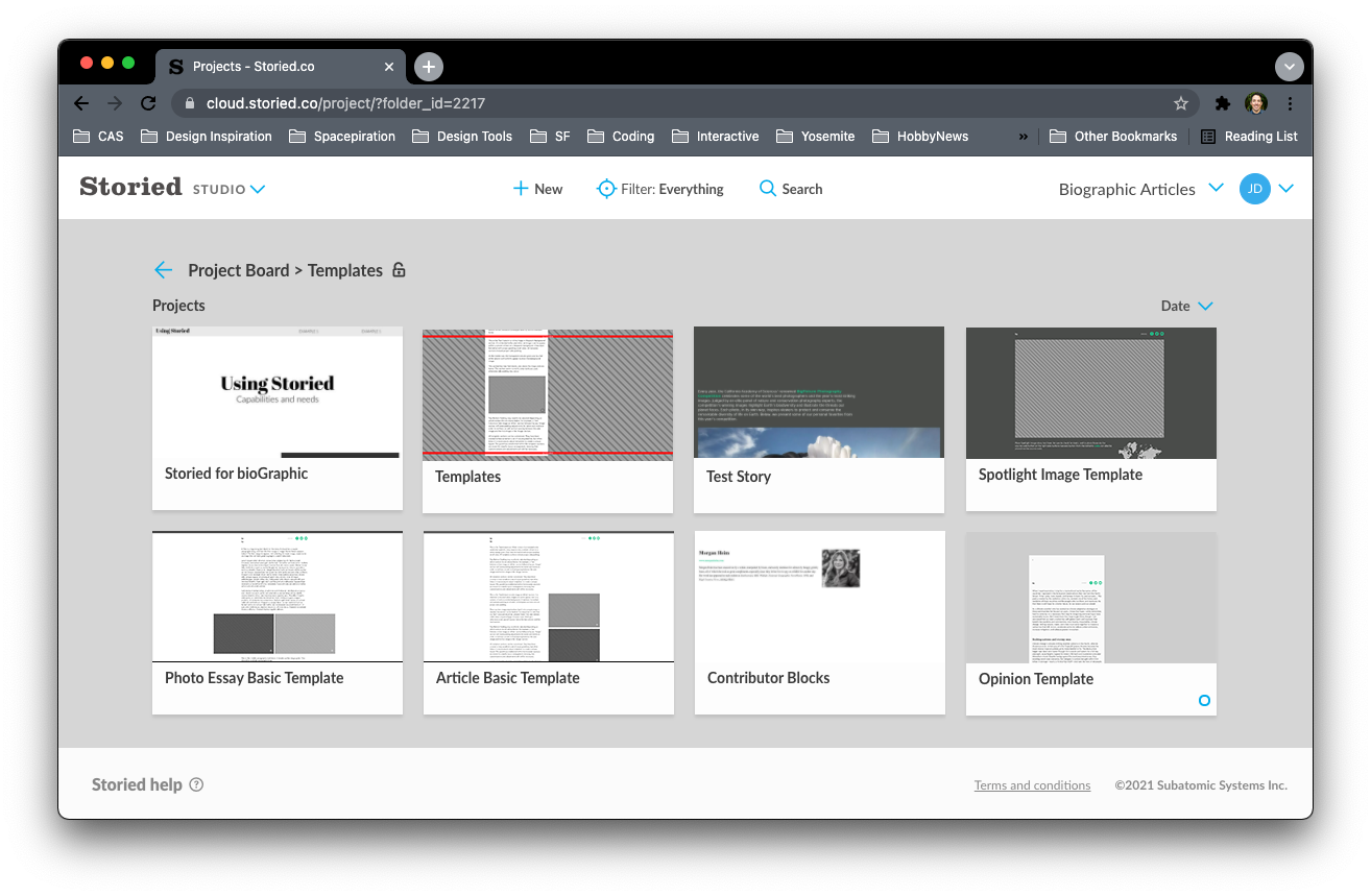 Template library in the CMS showing named layouts including Spotlight Image, Photo Essay Basic, Article Basic, Contributor Blocks and Opinion.