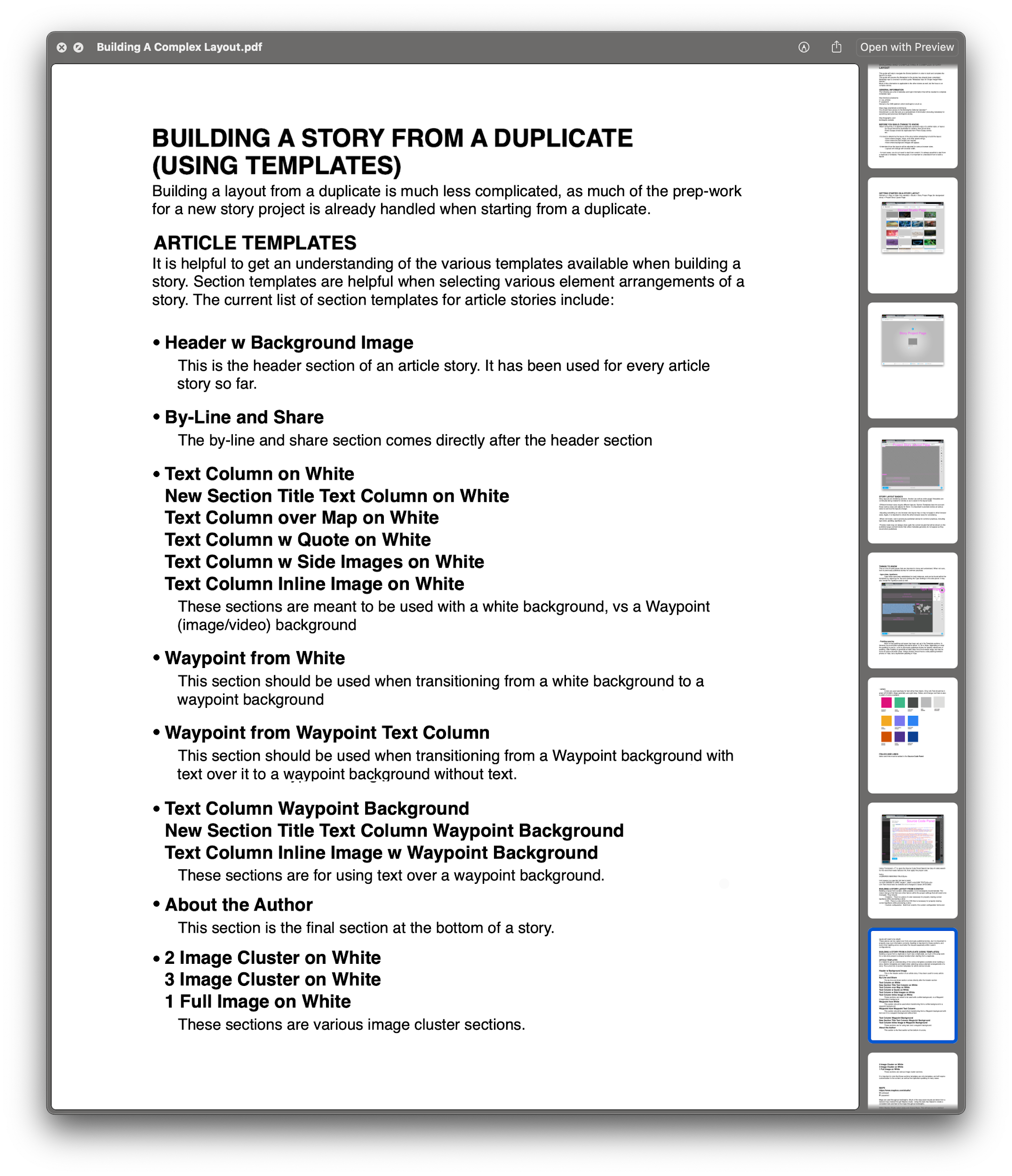 Documentation page titled "Building a story from a duplicate", listing each named article section and when to use it.