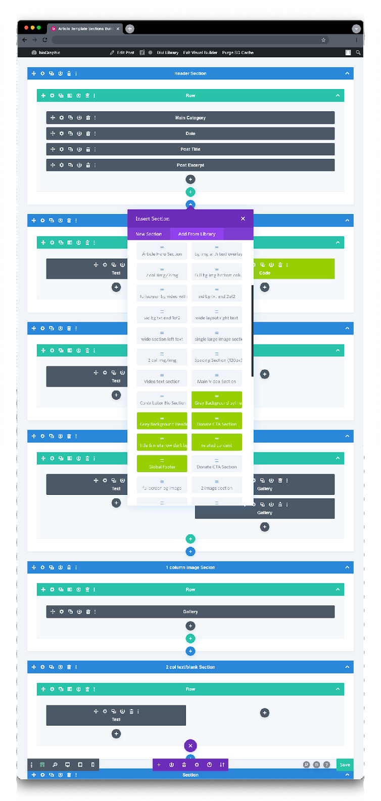 Story assembled in the WordPress visual builder, showing the header section broken into rows for main category, date, post title and post excerpt.