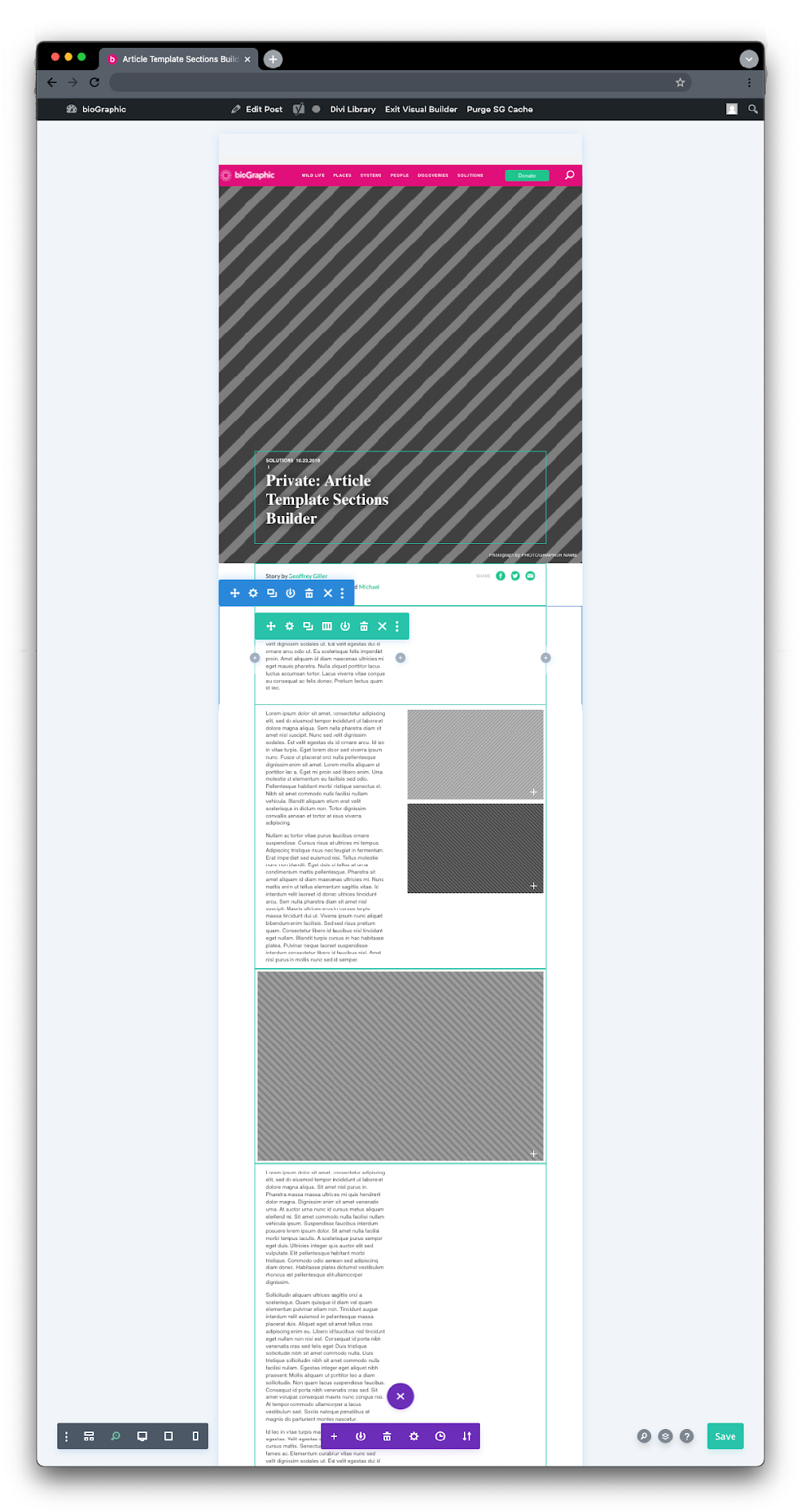 The Insert Section panel listing around two dozen named reusable sections available to editors, including article hero, video text section, image clusters and a fixed 120 pixel spacing section.
