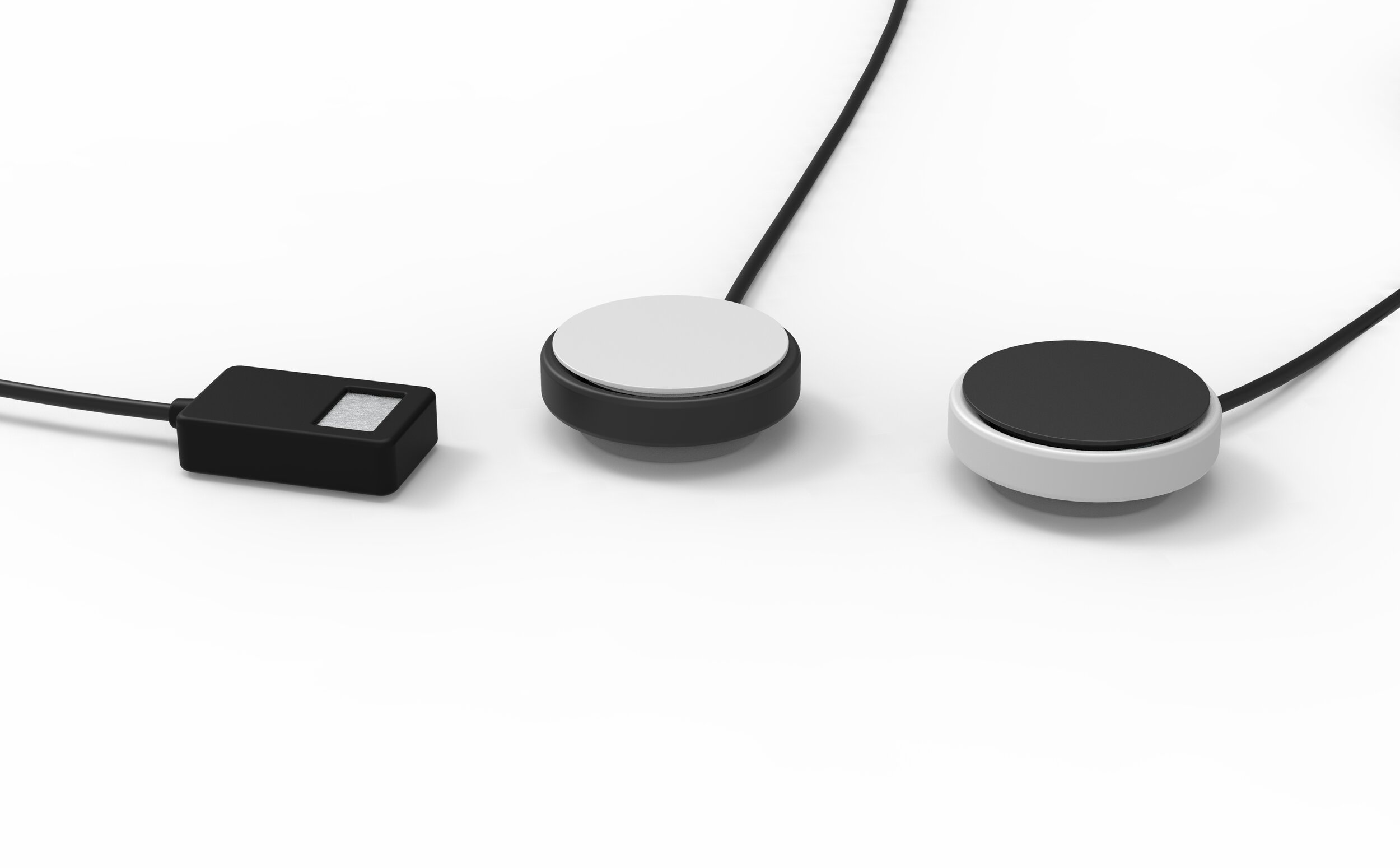 A render of VERO's family of sensors, from left to right: temperature sensor, air quality sensor, humidity sensor.