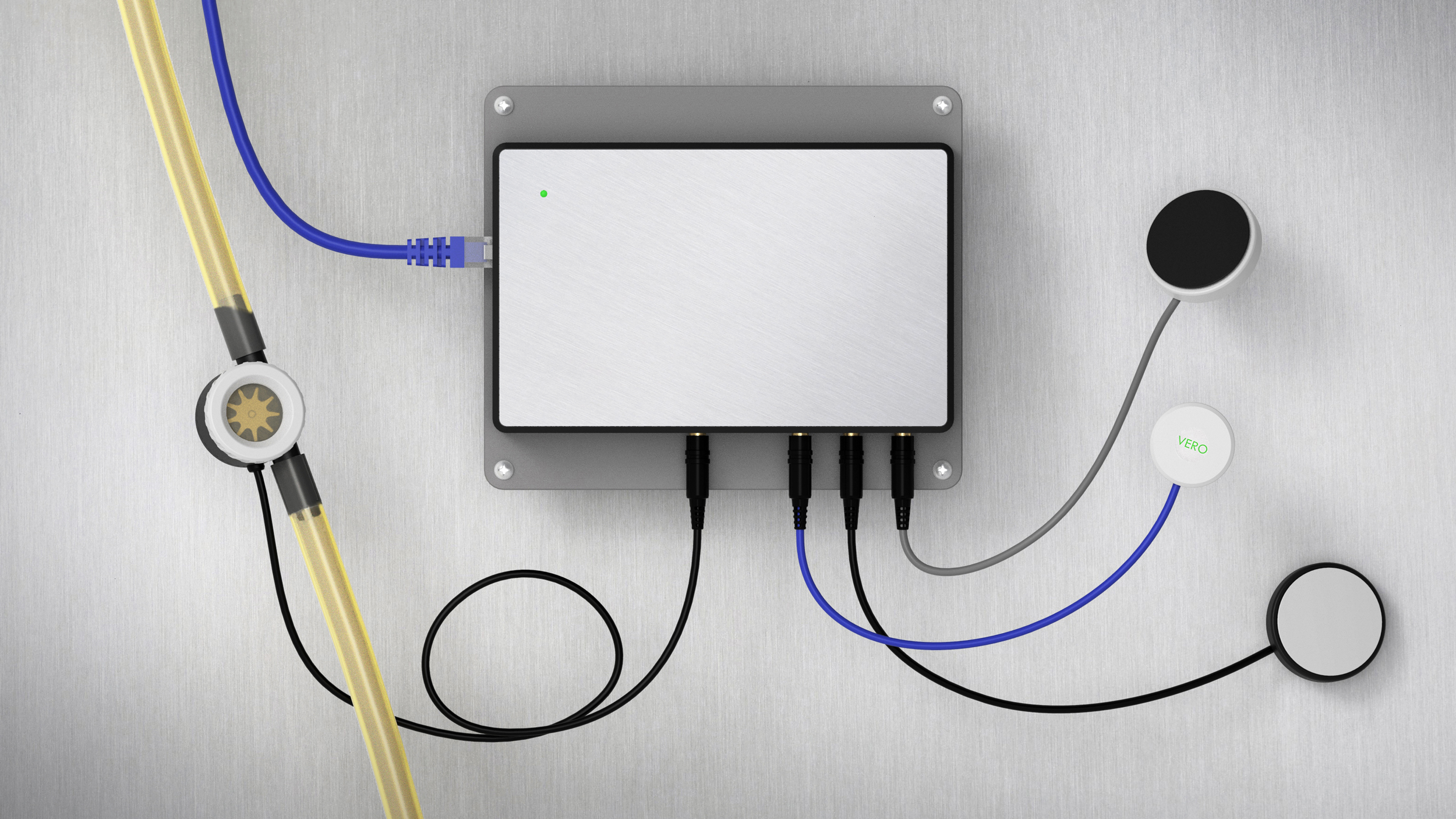 A render of the VERO Beverage Management Hardware and its various sensors, mounted on a stainless steel surface.