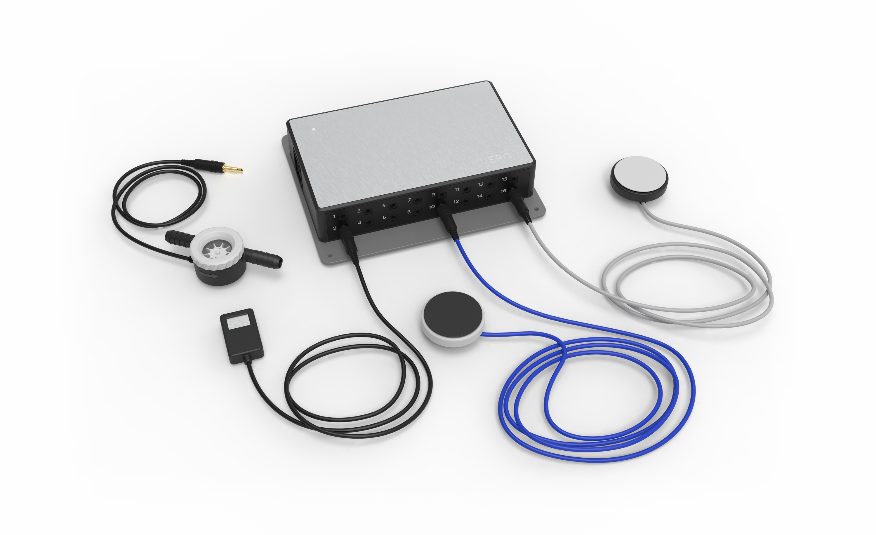 A render of the VERO Beverage Management Hardware and its various sensors.