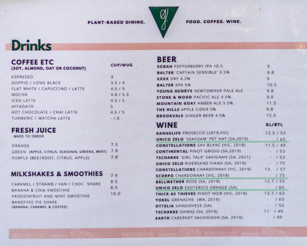 Drinks menu