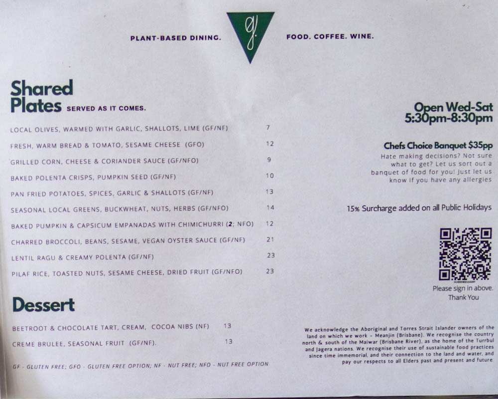 Dinner menu