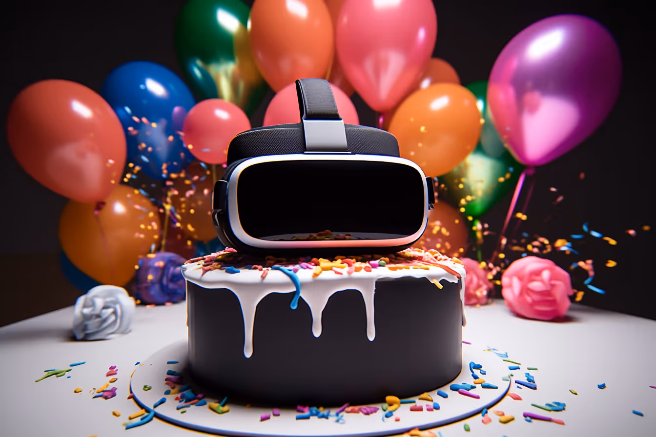 kids playing VR, birthday cake with VR headset