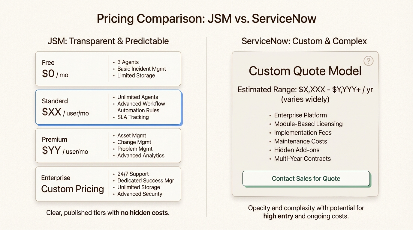 JSM offers predictable costs while ServiceNow requires custom quotes typically starting at six figures annually