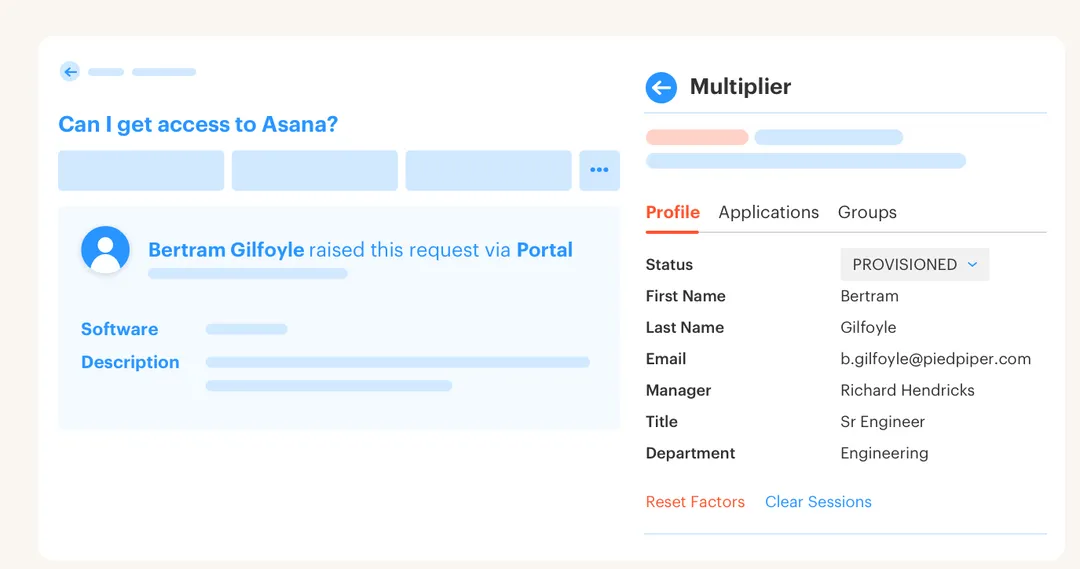 View user attributes, manage group assignments and password/MFA resets from the Jira issue view.