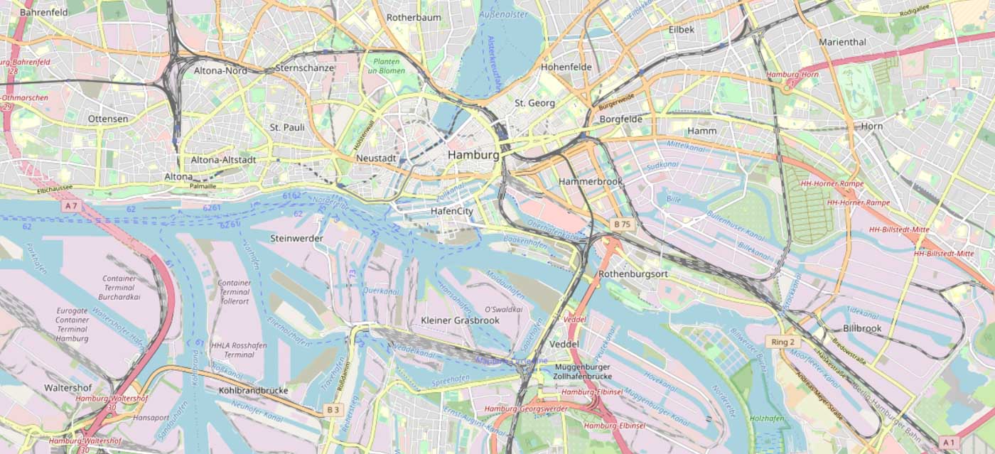 Map of Hamburg for analyzing the feasibility of a watertaxi service