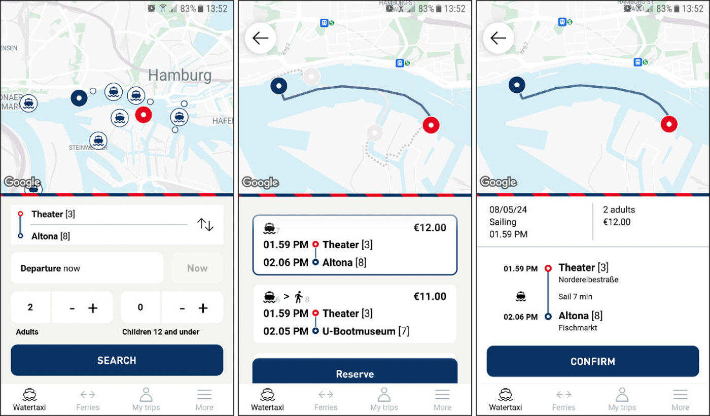 Three screenshots of the Flying Fish watertaxi app for Elbtaxi in Hamburg