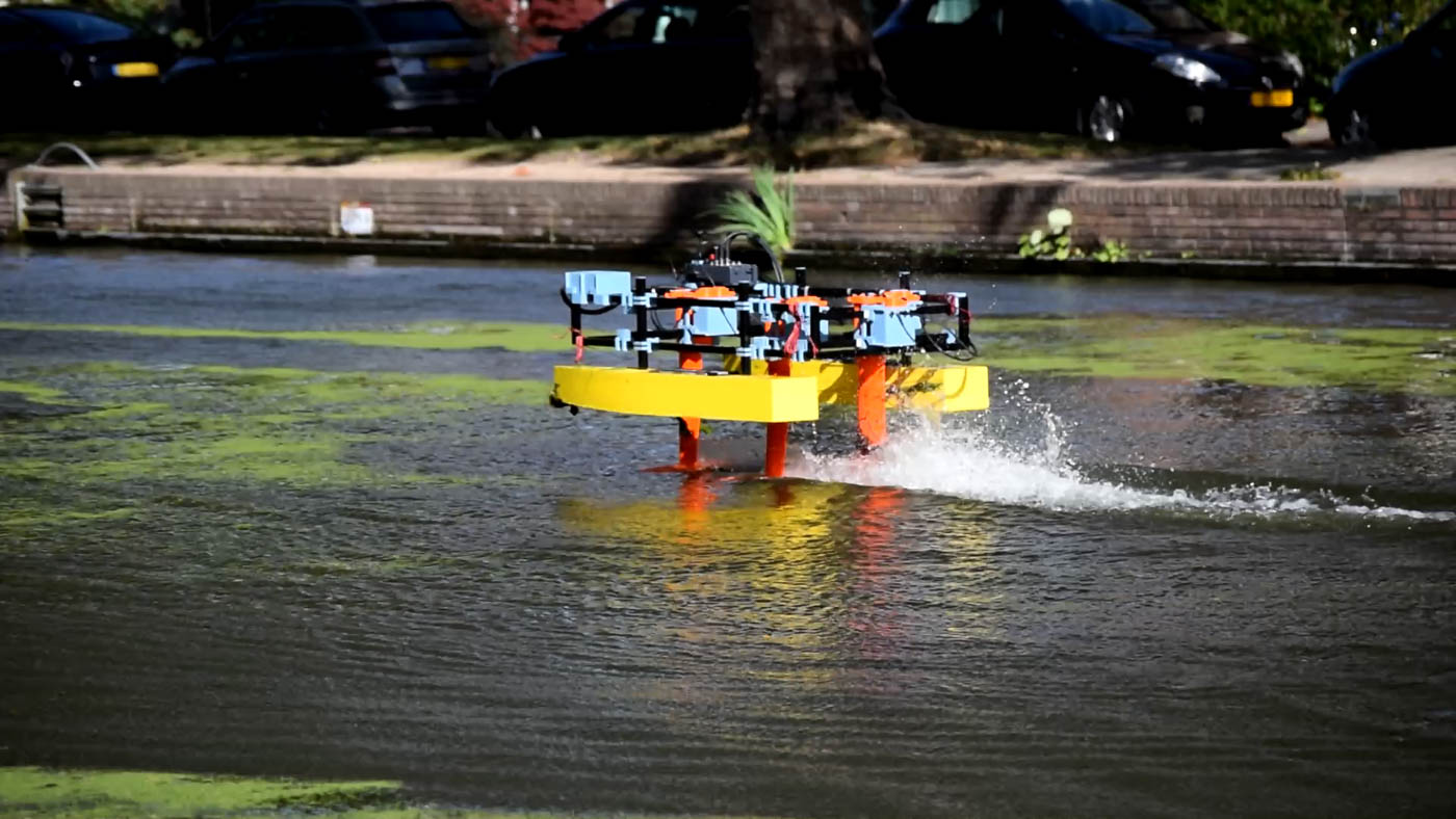 Picture of the HEARP hydrofoil test platform hydrofoiling