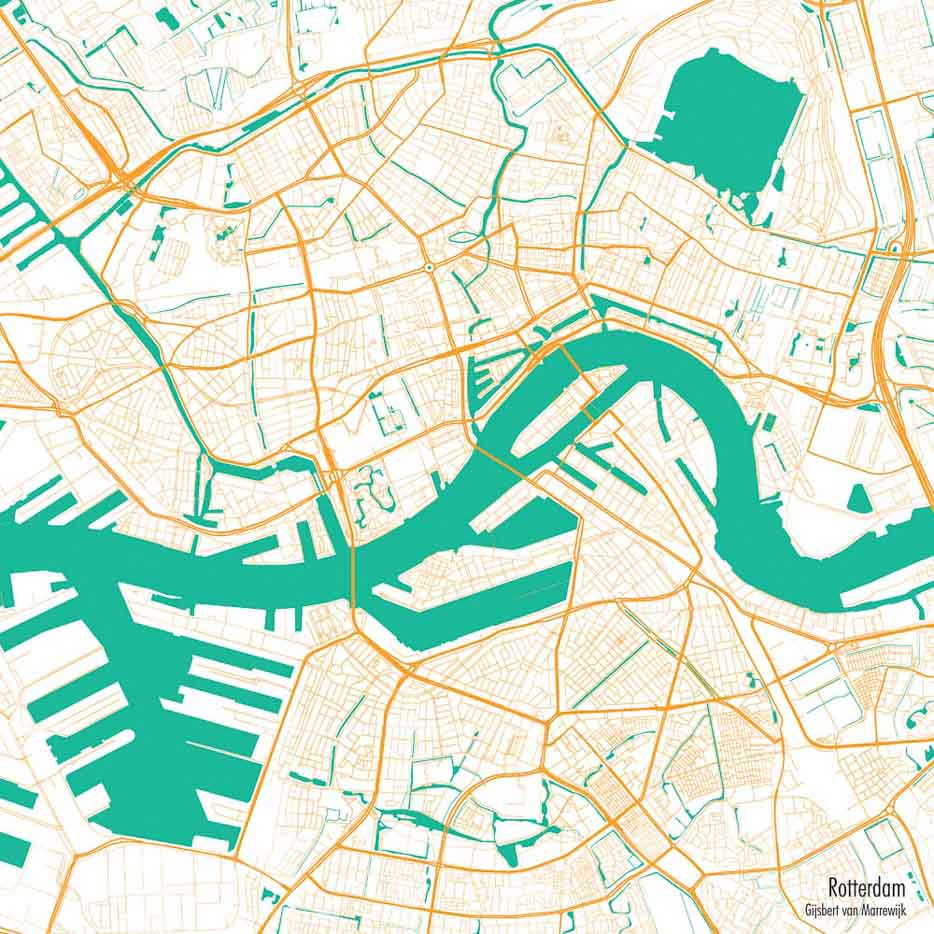 Flying Fish styled map of Rotterdam showing the road network and waterways