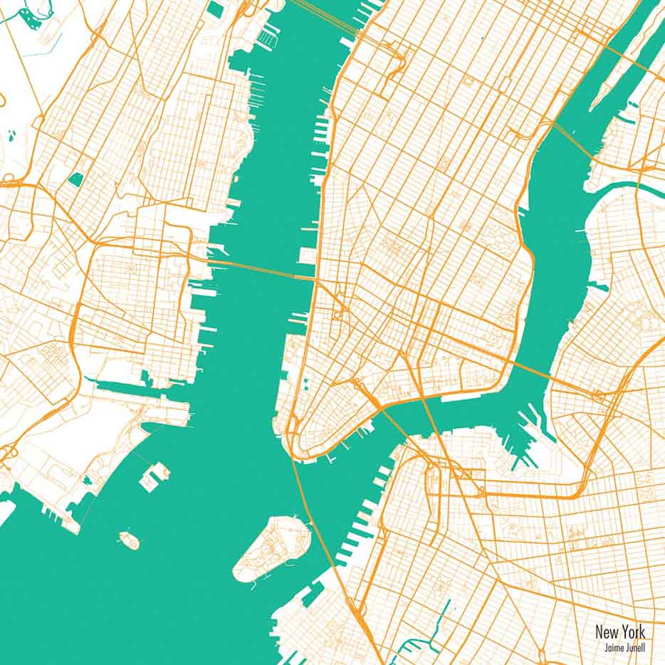 Flying Fish styled map of New York showing the road network and waterways