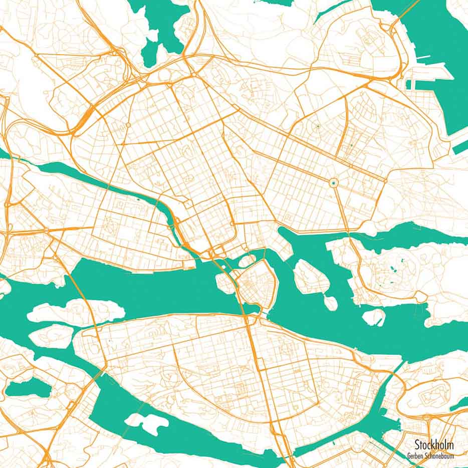 Flying Fish styled map of Stockholm showing the road network and waterways