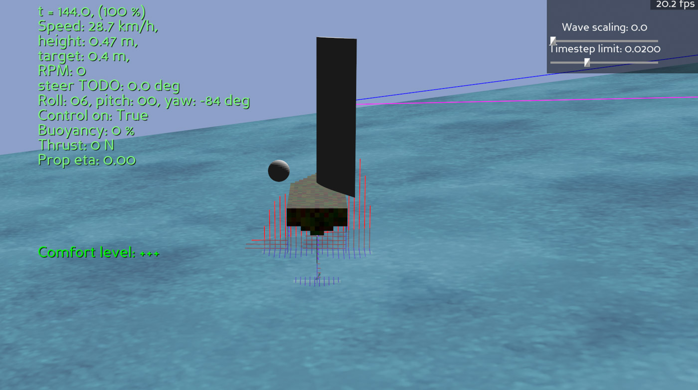 Screenshot of a hydrofoil sailboat in the Flying Fish Hydrofoil Optimization and Simulation Tool (HOST)