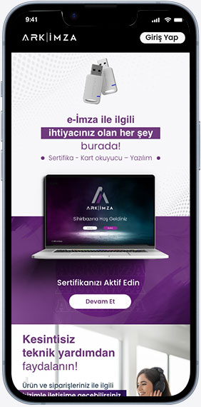 ARK İMZA mobil uygulama ekranında e-imza ile ilgili ihtiyaç duyulan sertifika, kart okuyucu ve yazılım hizmetleri tanıtılıyor.