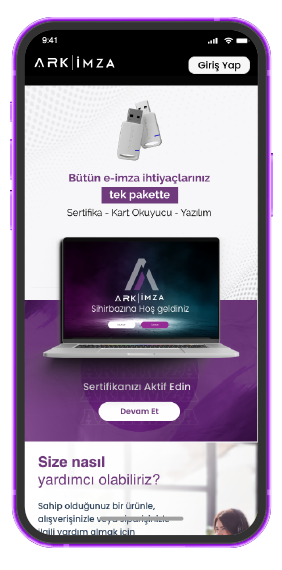 ARKIMZA uygulamasında sertifika, kart okuyucu ve yazılımdan oluşan tek pakette e-imza ihtiyaçları tanıtılıyor.
