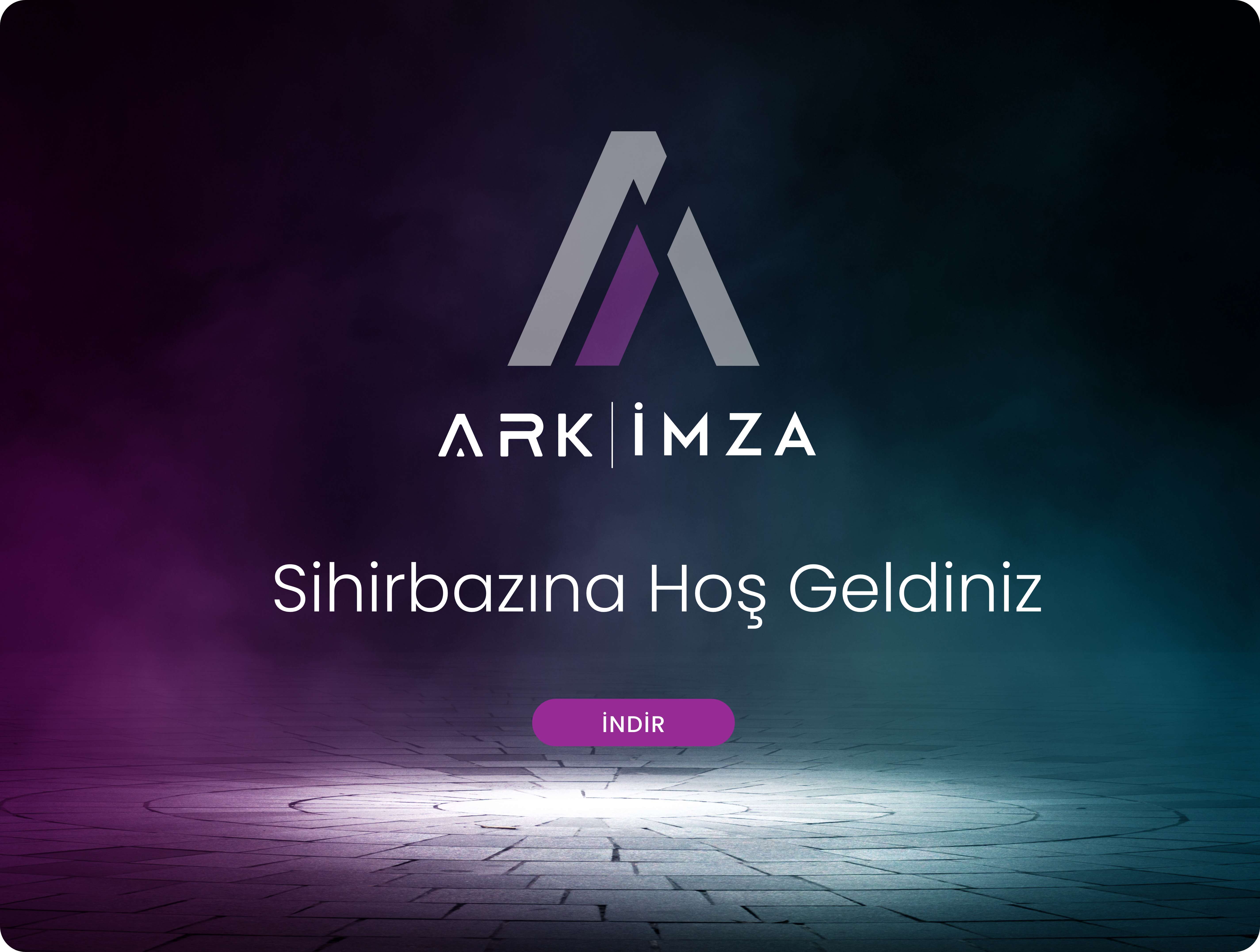 Ark İmza logosu ve altında Sihirbazına Hoş Geldiniz yazısı ile mor ve mavi tonlu zemin üzerinde İndir butonu.