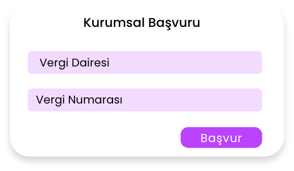 Kurumsal Başvuru formu, Vergi Dairesi ve Vergi Numarası alanları ve sağda mor Başvur butonu.