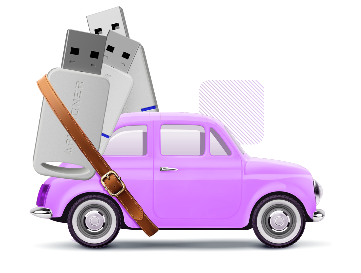 Mor renkli küçük arabanın arkasında üç USB bellek emniyet kemeriyle bağlanmış.