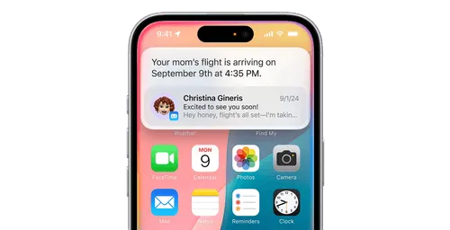 An iPhone displaying a notification informing the user of their mum's flight arrival time.