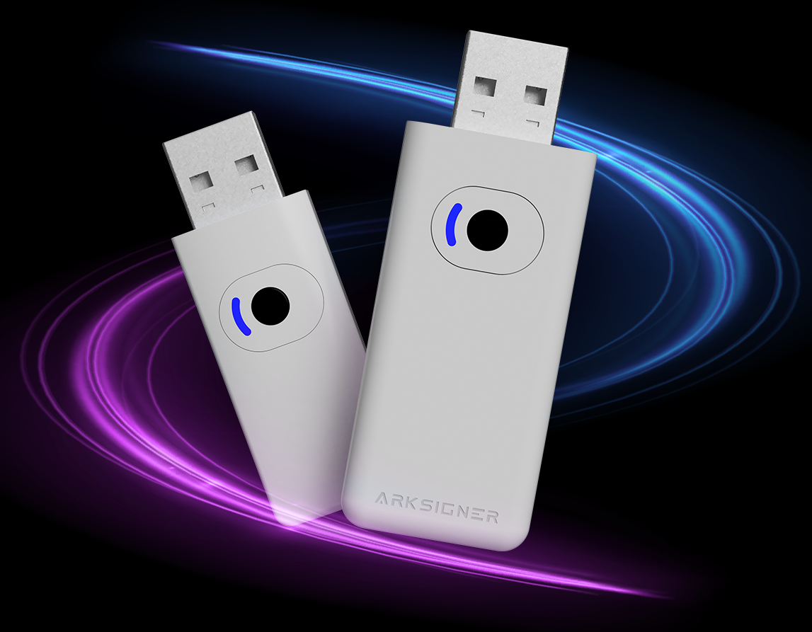 İki beyaz Arksigner USB güvenlik cihazı, arka planda mavi ve mor ışık hüzmeleriyle gösteriliyor.