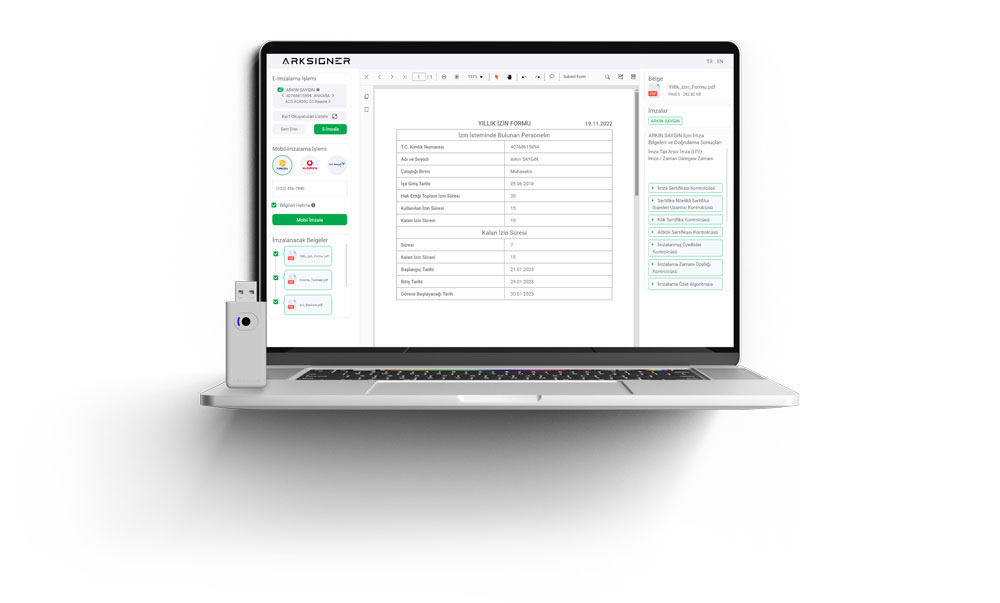 Bilgisayar ekranında e-imza uygulaması ve USB ile e-imza işlemleri gösteriliyor.