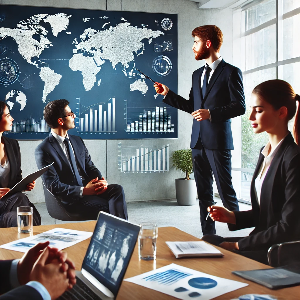 Professional giving a business presentation in English