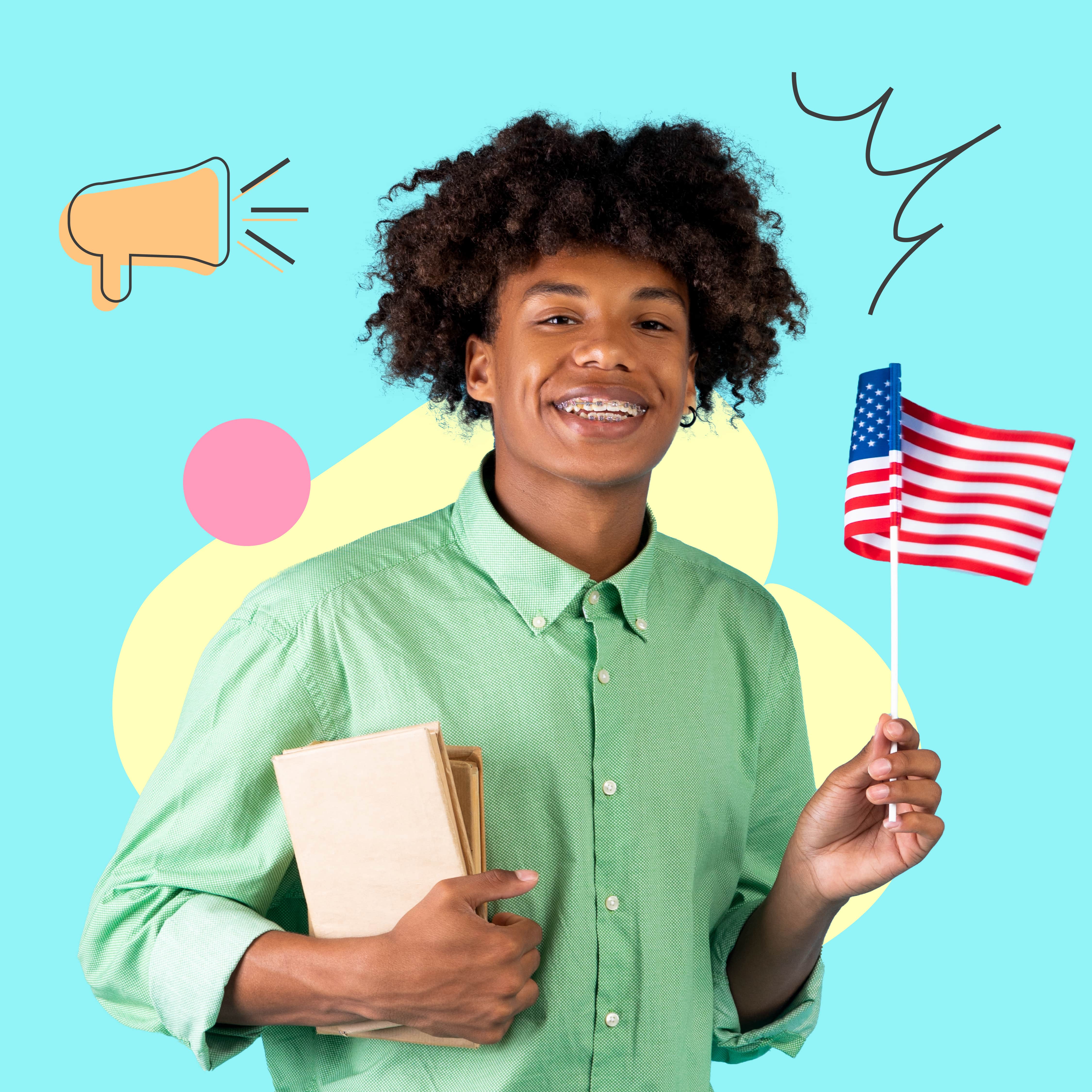 Student improving English listening skills with headphones