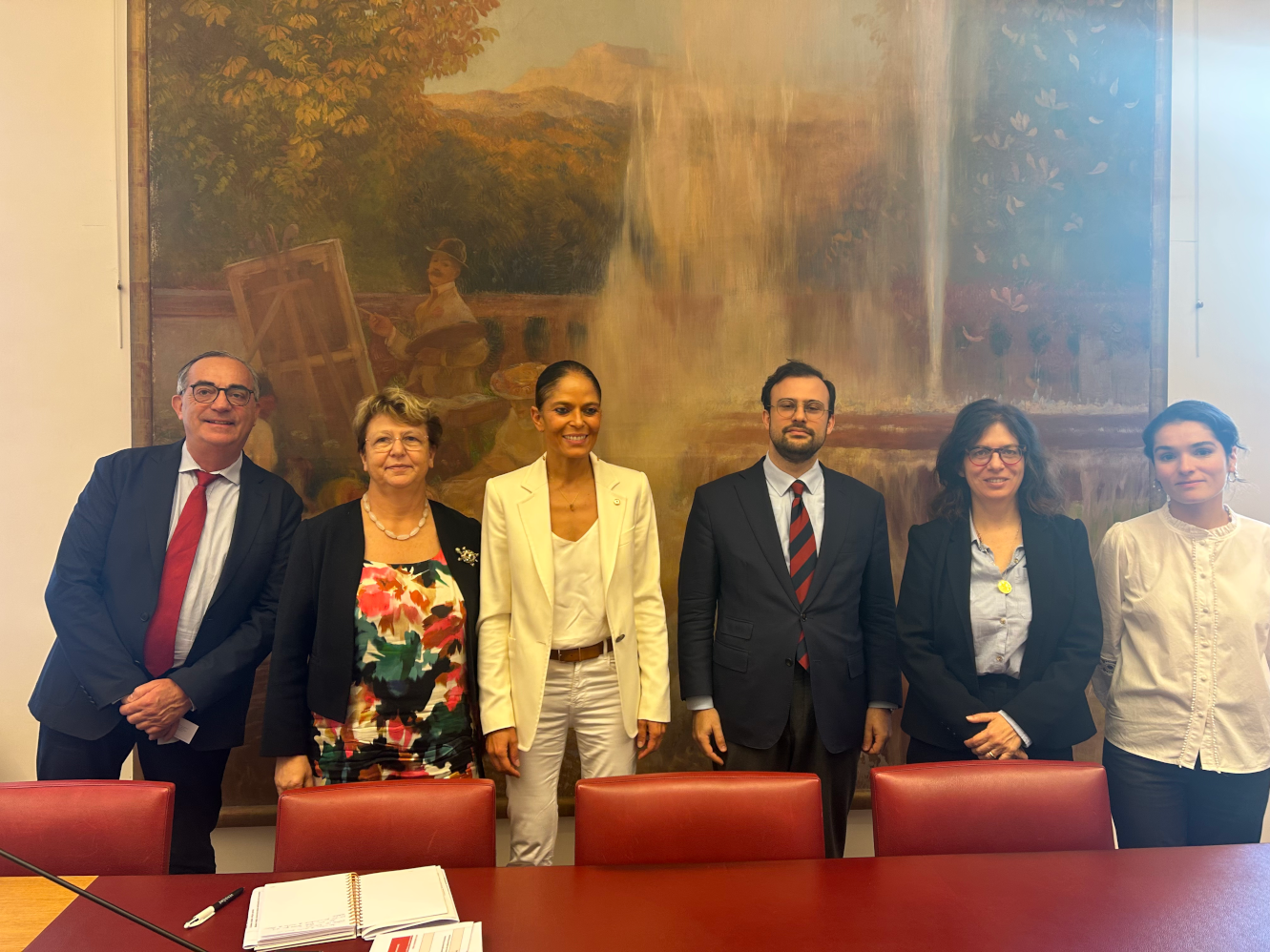 Pascal Maurel, (UC2m), Nadia Sollogoub, Marie-Do Aeschlimann, Gaëtan Casanova (UC2m), Sophie Beaupère (Unicancer), Sophélia Picaud (Unicancer) devant un tableau ans une salle du Sénat
