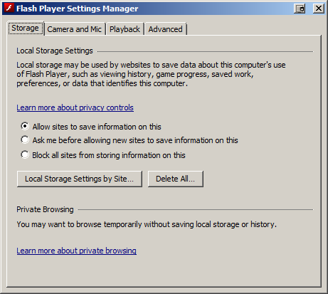 Flash management screen in Chrome 12