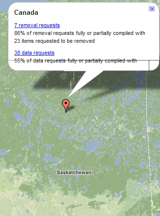 Map showing breakdown of Google removal requests by country