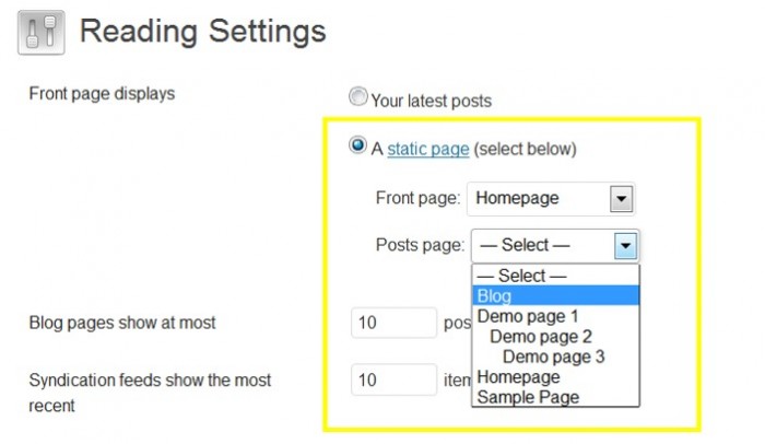 Select a static page for the site.