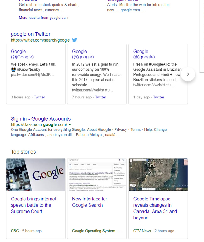 Desktop results for "google"