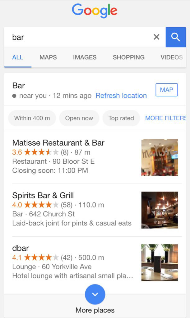 Google results relative to minutes ago on local