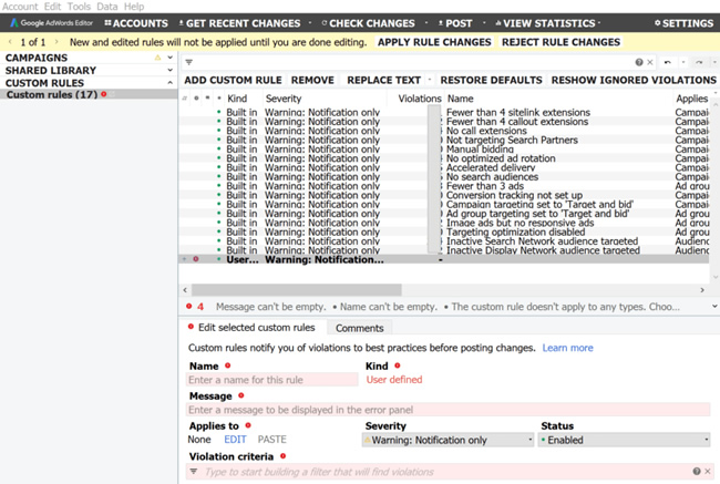 AdWords Editor’s new custom rules let you quickly see what’s missing in your accounts