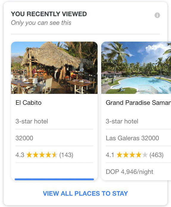 Google Local "You Recently Viewed" Search Panel