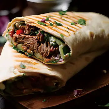 Sliced slow-roasted beef shank, carrots, cucumber, and celery, rolled in a crispy flour wrap