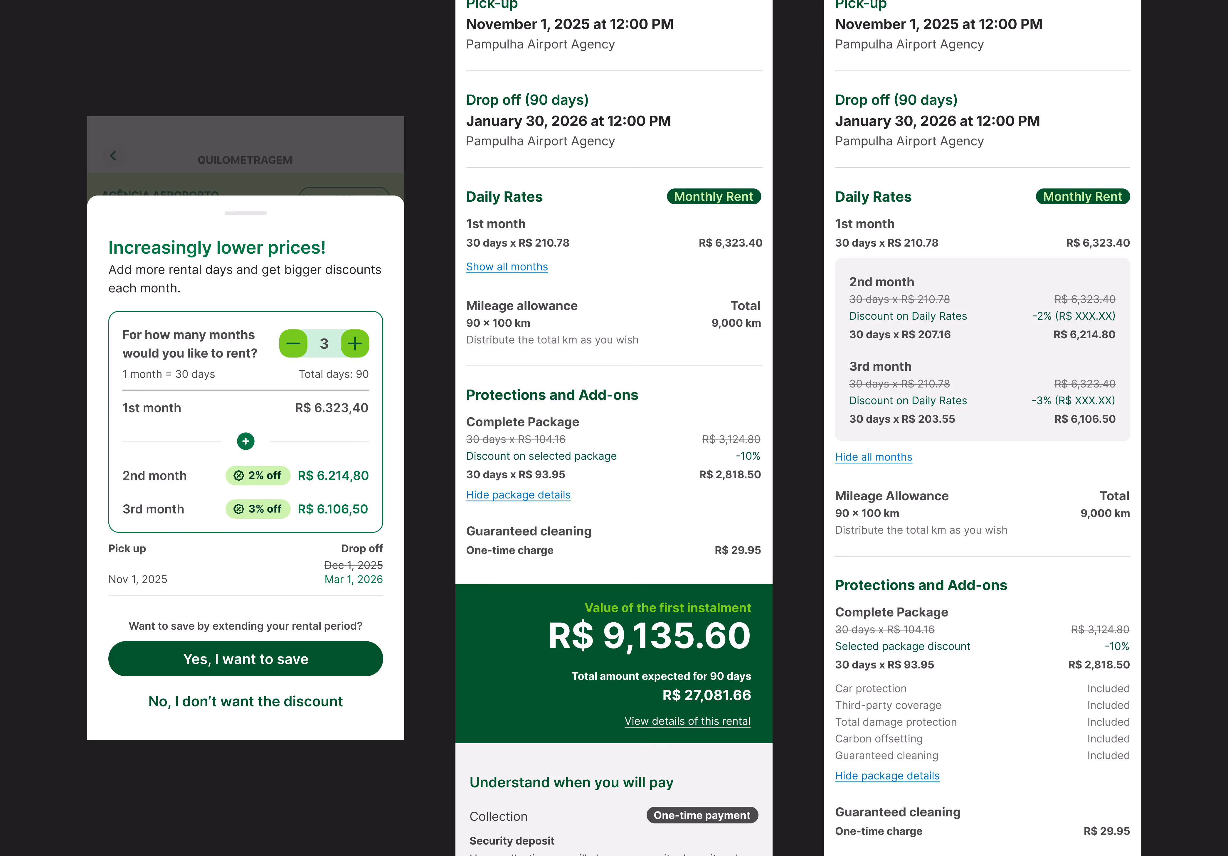 Car rental app screen showing a 3-month rental with increasing discounts on each month, pick-up on November 1, 2025, drop-off on March 1, 2026, and detailed monthly rates, protections, add-ons, and total rental cost in Brazilian real.