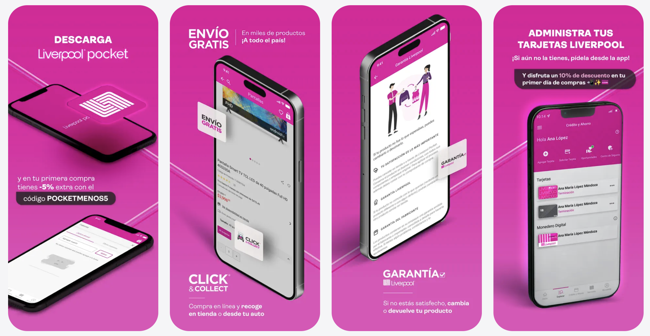 Liverpool Pocket app promo with features like Click & Collect, free shipping, and card perks via Jampp mobile growth tools.