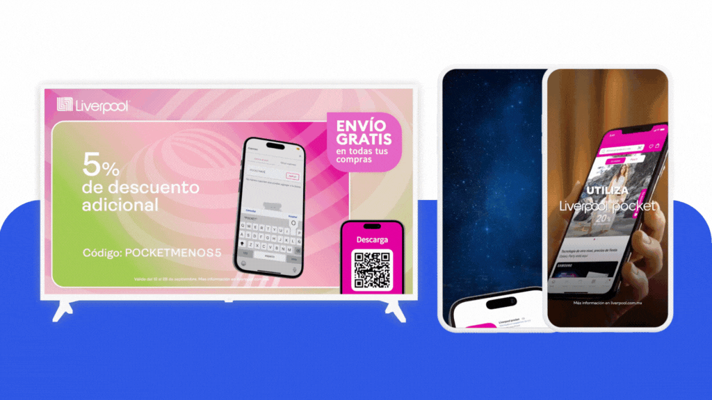 Liverpool Pocket ads showing app features and QR code, designed for mobile app retargeting and CTV user acquisition via Jampp.