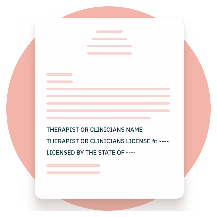 An example graphic of an ESA letter that states the clinicians name, license number, and the state in which they are licensed.