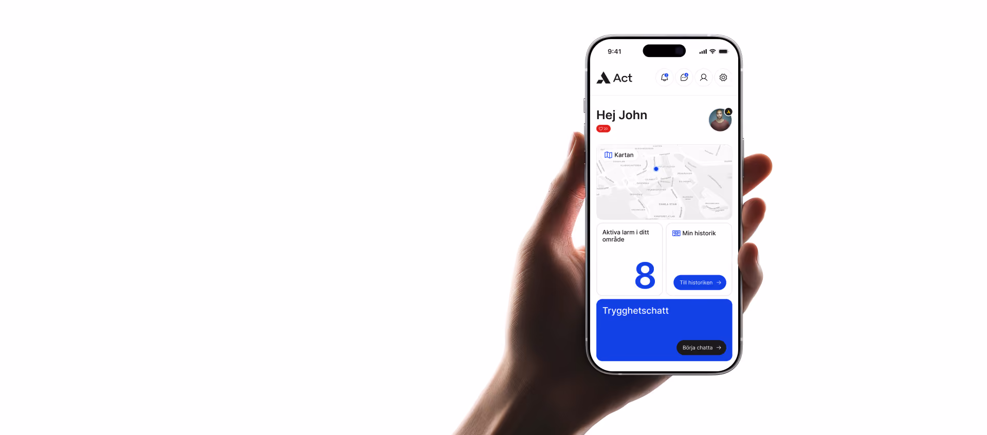 A hand holding a phone showcasing the Act app