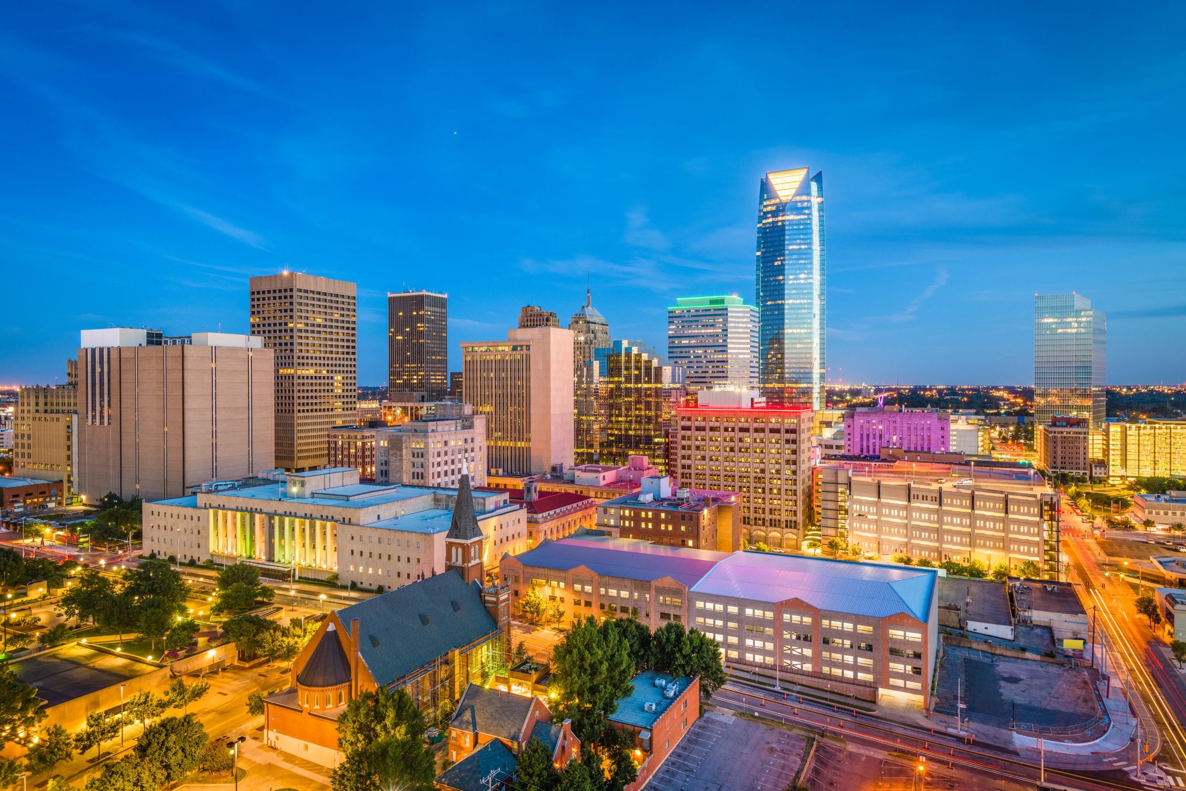 Downtown Oklahoma City skyline at dusk