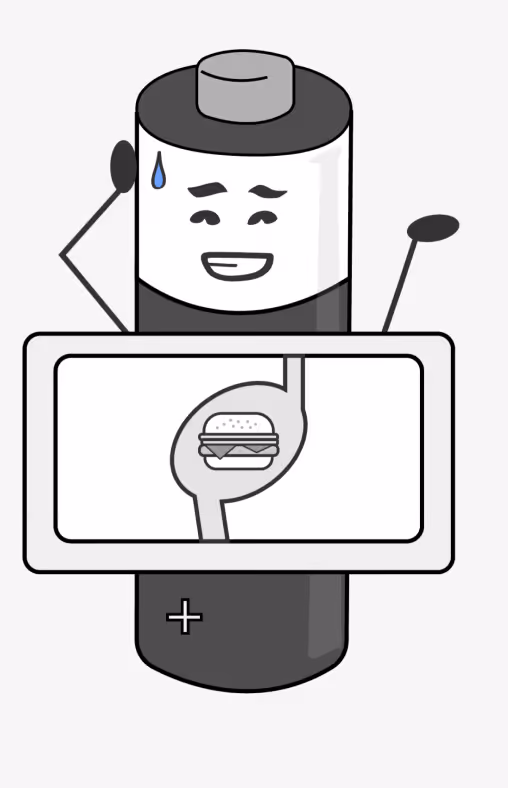 A battery cartoon with a bead of sweat and a cheeseburger in its stomach