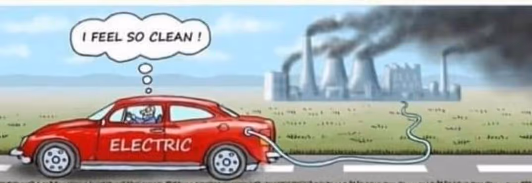 Cartoon meme of an electric car plugged into a coal power plant with text saying "I feel so clean"