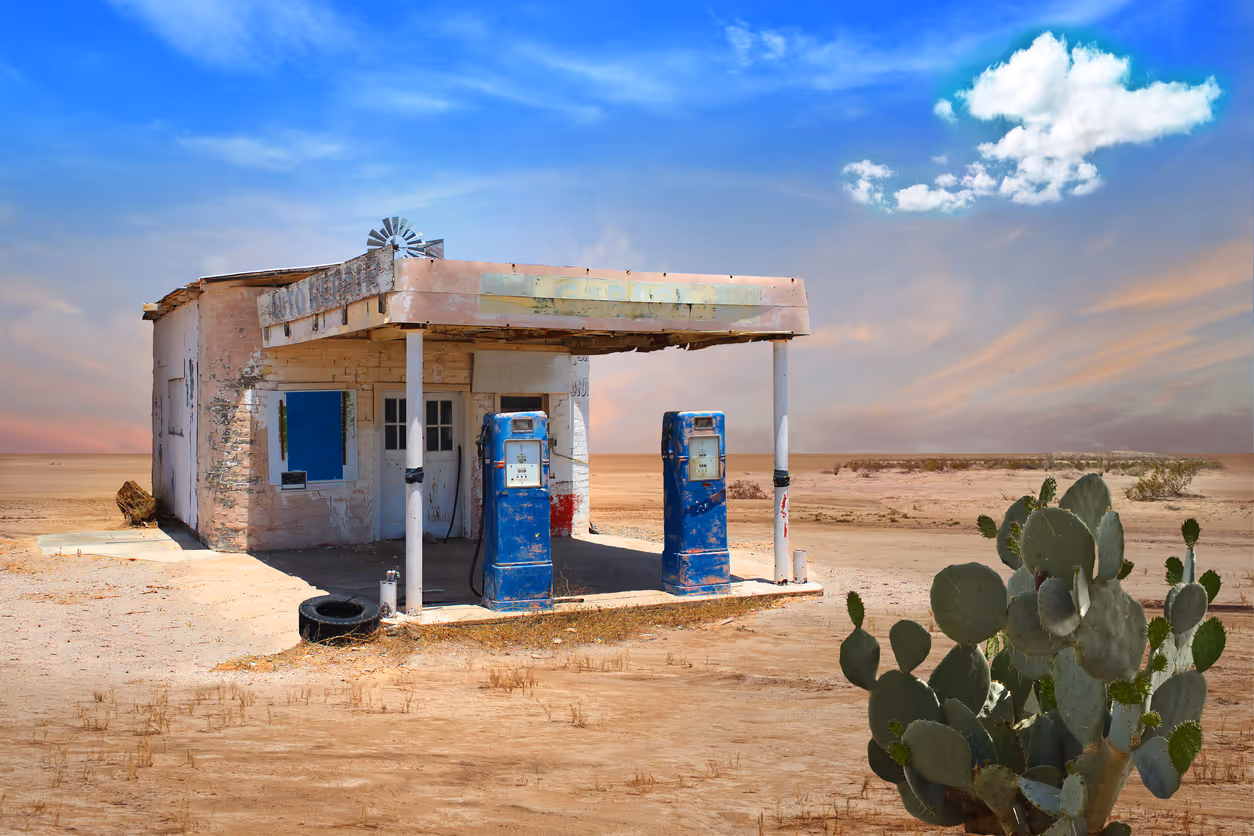 Old and abandoned gas station in the desert
