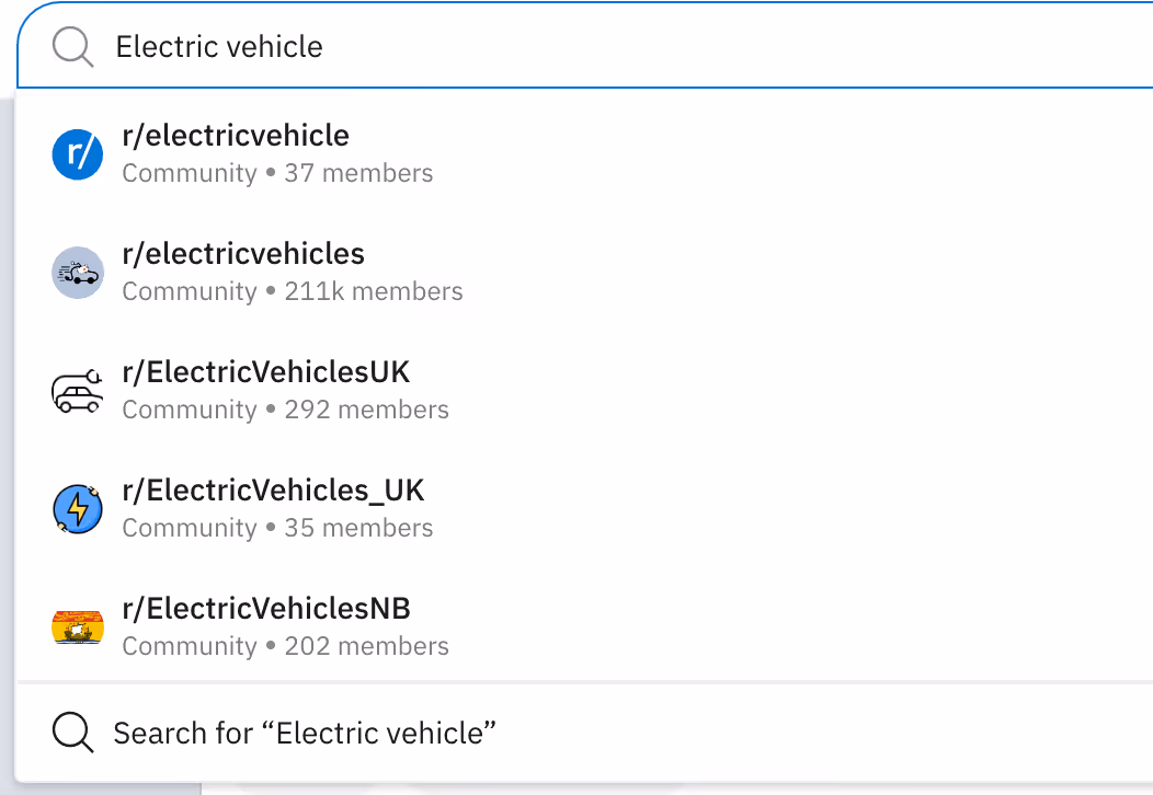 Search bar in reddit showing "electric vehicle" results