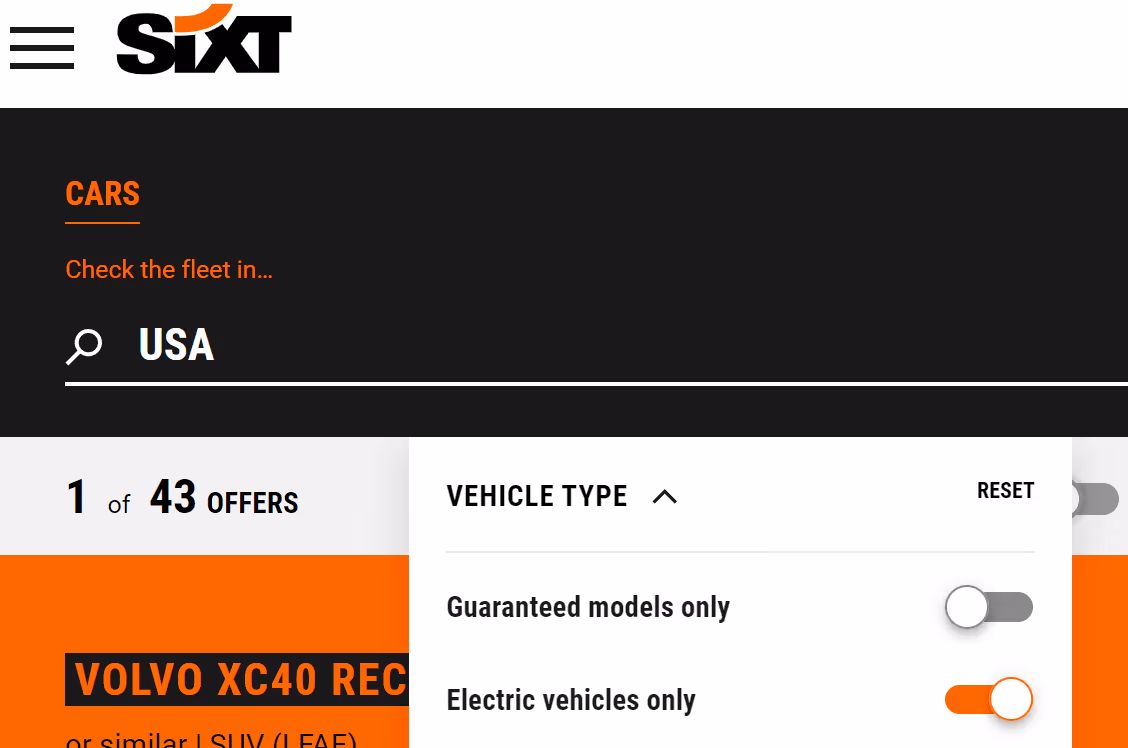 Searching for electric vehicle rentals on sixt.com