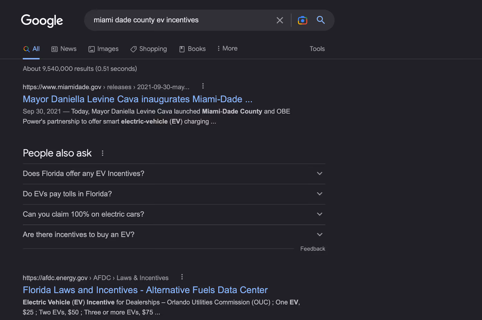 Screen shot of a google search results page for "Miami Dade County EV Incentives"